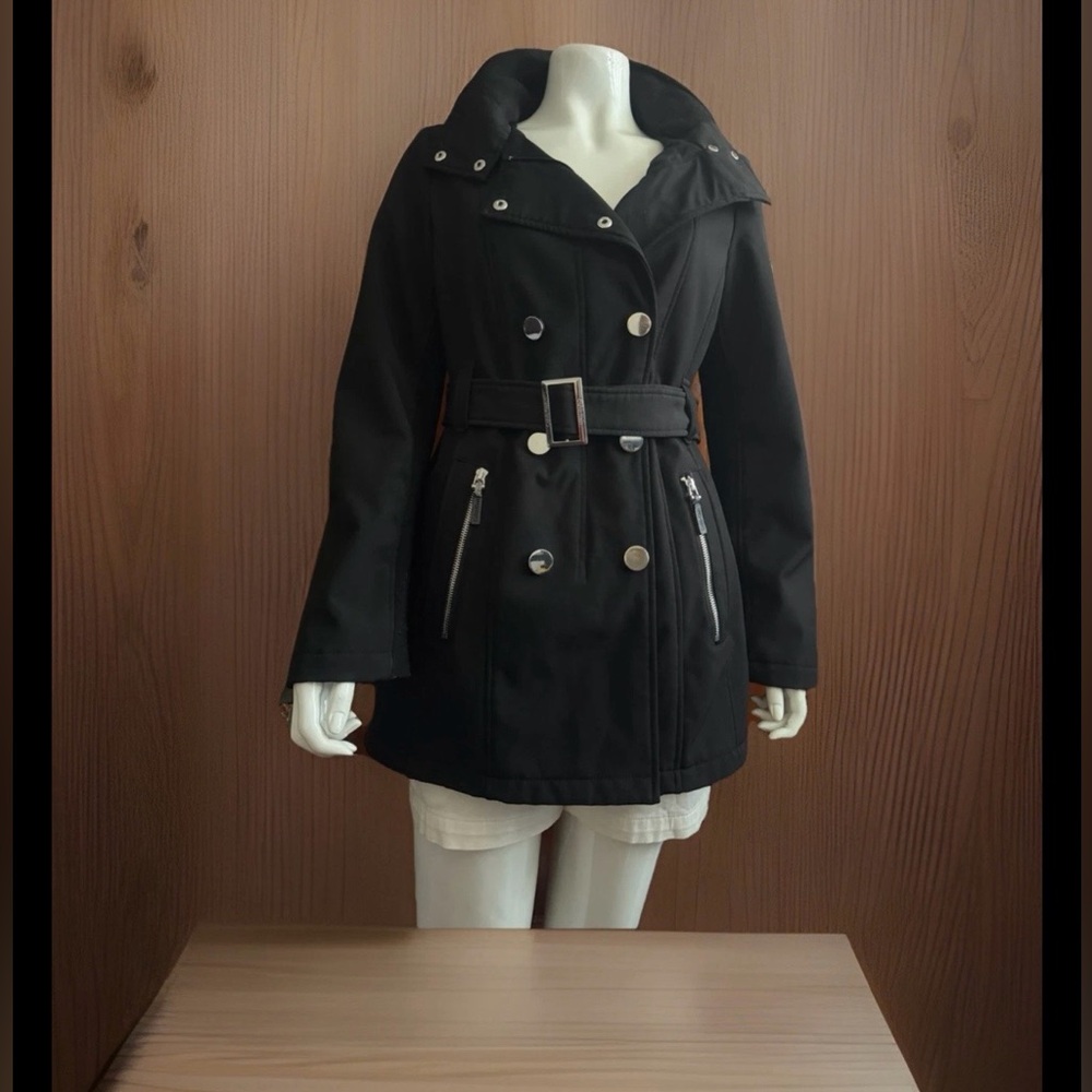 Calvin Klein Black Trench Coat with Belt and Hoodie Size Small